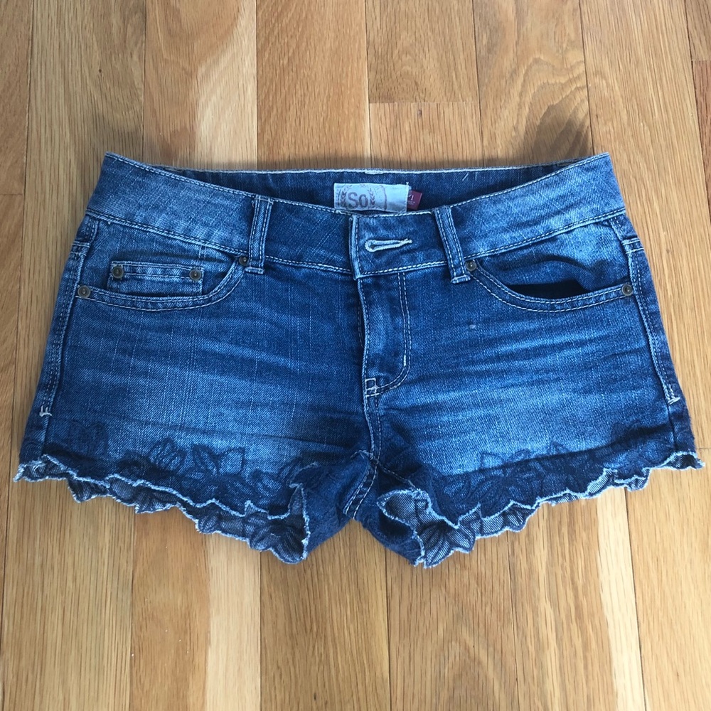 Floral Hem Low Rise Denim Short Shorts